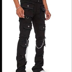 [NWOT] Slim Fit Multi-Pocket streetwear Jeans w/ chain in Black Size: 36